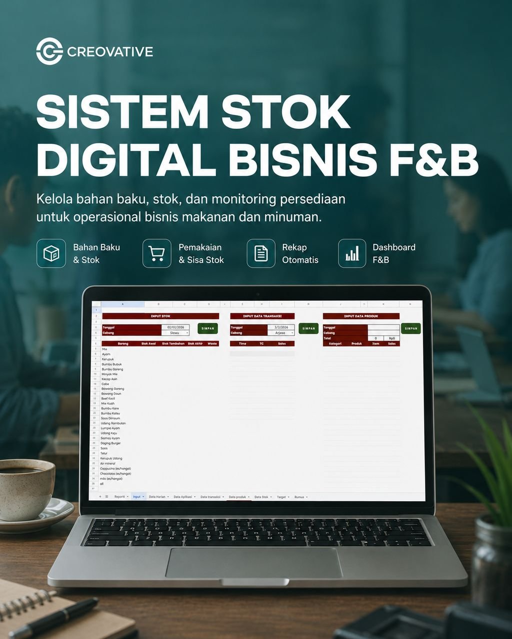 Screenshot manajemen stok F&B di spreadsheet